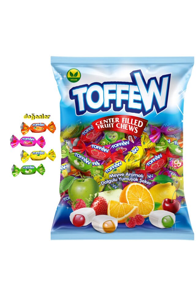 TOFFEW MEYVE AROMALI DOLGULU YUMUŞAK ŞEKER HELAL -VEGAN-JELATİNSİZ-GULUTENSİZ 1 KG.(1000 GR.)