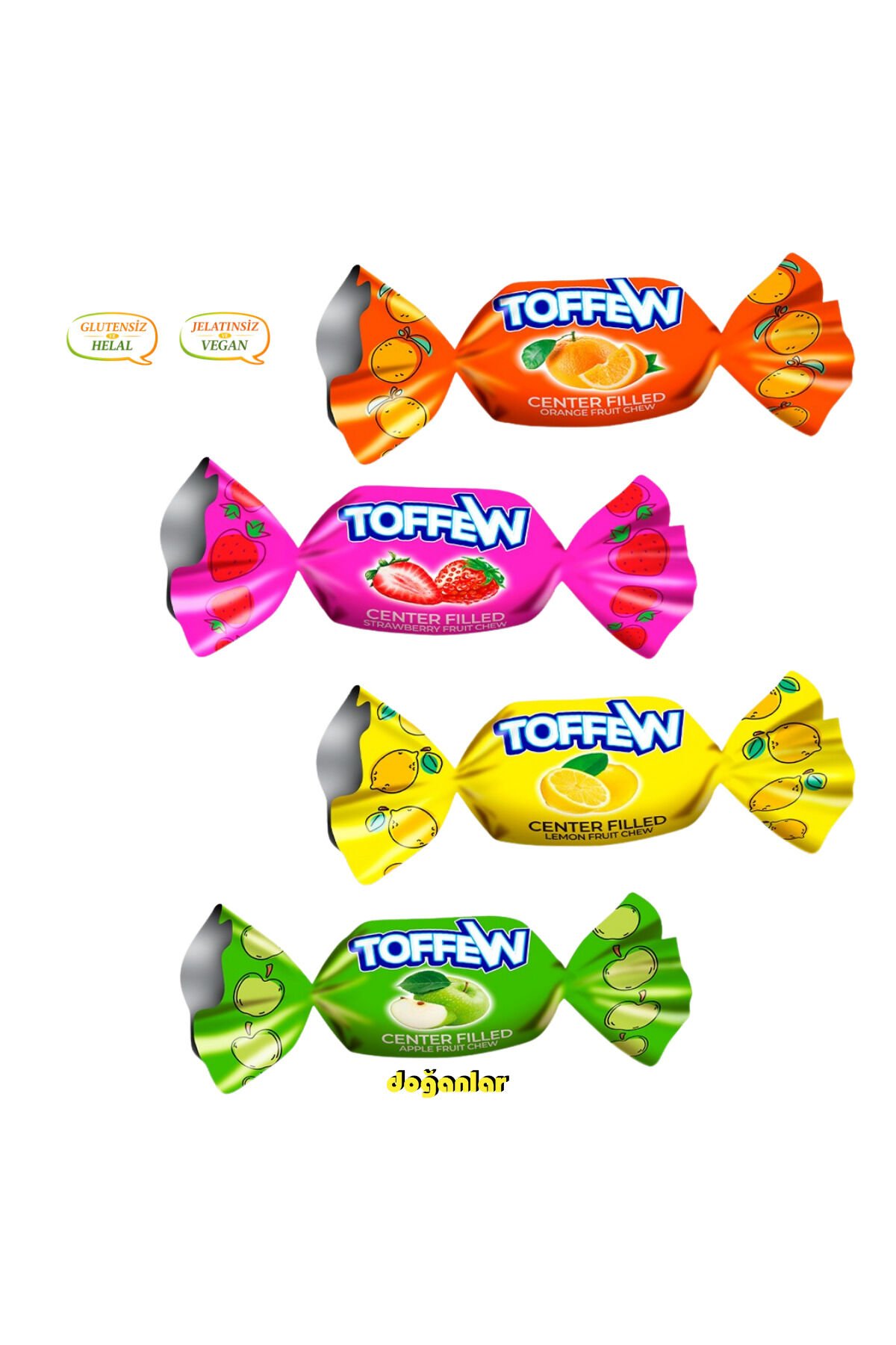 TOFFEW MEYVE AROMALI DOLGULU YUMUŞAK ŞEKER HELAL -VEGAN-JELATİNSİZ-GULUTENSİZ 1 KG.(1000 GR.)